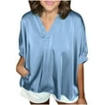 thumbnail image 1 of Timegard Oversized Tops for Women Satin V-Neck Short Sleeve Solid Color Work Casual Loose Tops Blouse, 1 of 6