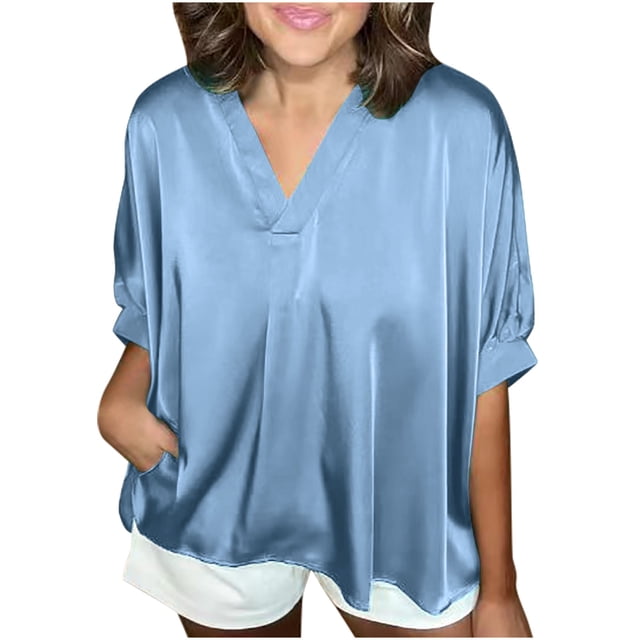 Timegard Oversized Tops for Women Satin V-Neck Short Sleeve Solid Color Work Casual Loose Tops Blouse