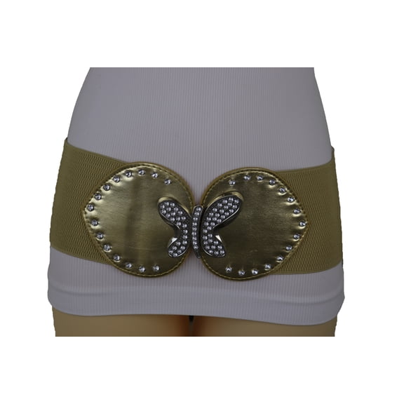 Women Gold Faux Leather Wide Elastic Belt Silver Metal Butterfly S M
