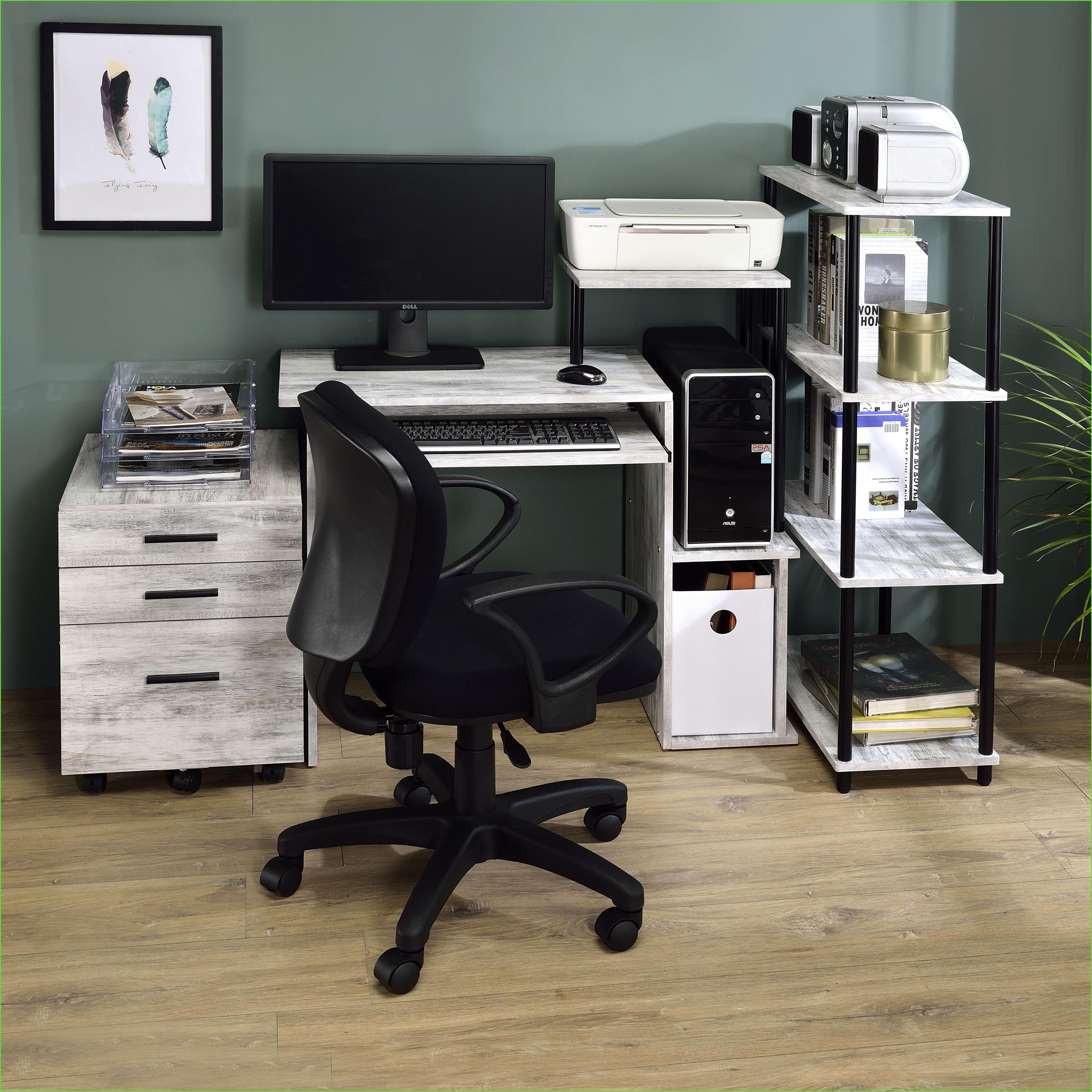 Computer Desk, Antique White & Black with Keyboard Tray, Storage Shelves | Wood+Metal