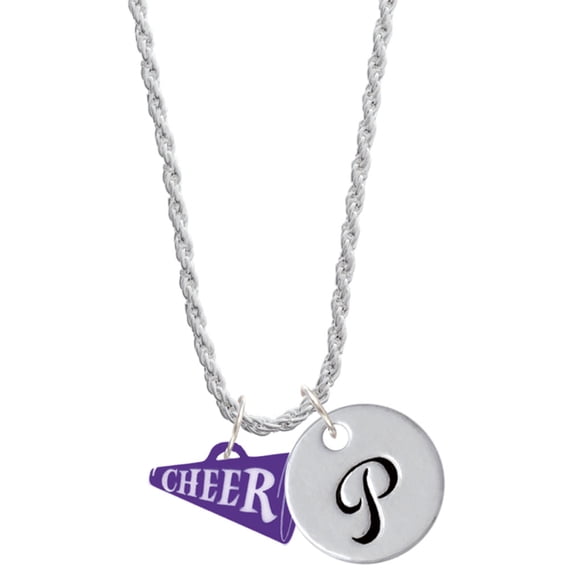 Delight Jewelry Acrylic 3/4" Purple Cheer Megaphone Silvertone Script Initial Disc - P - Charm Necklace, 20"+3"