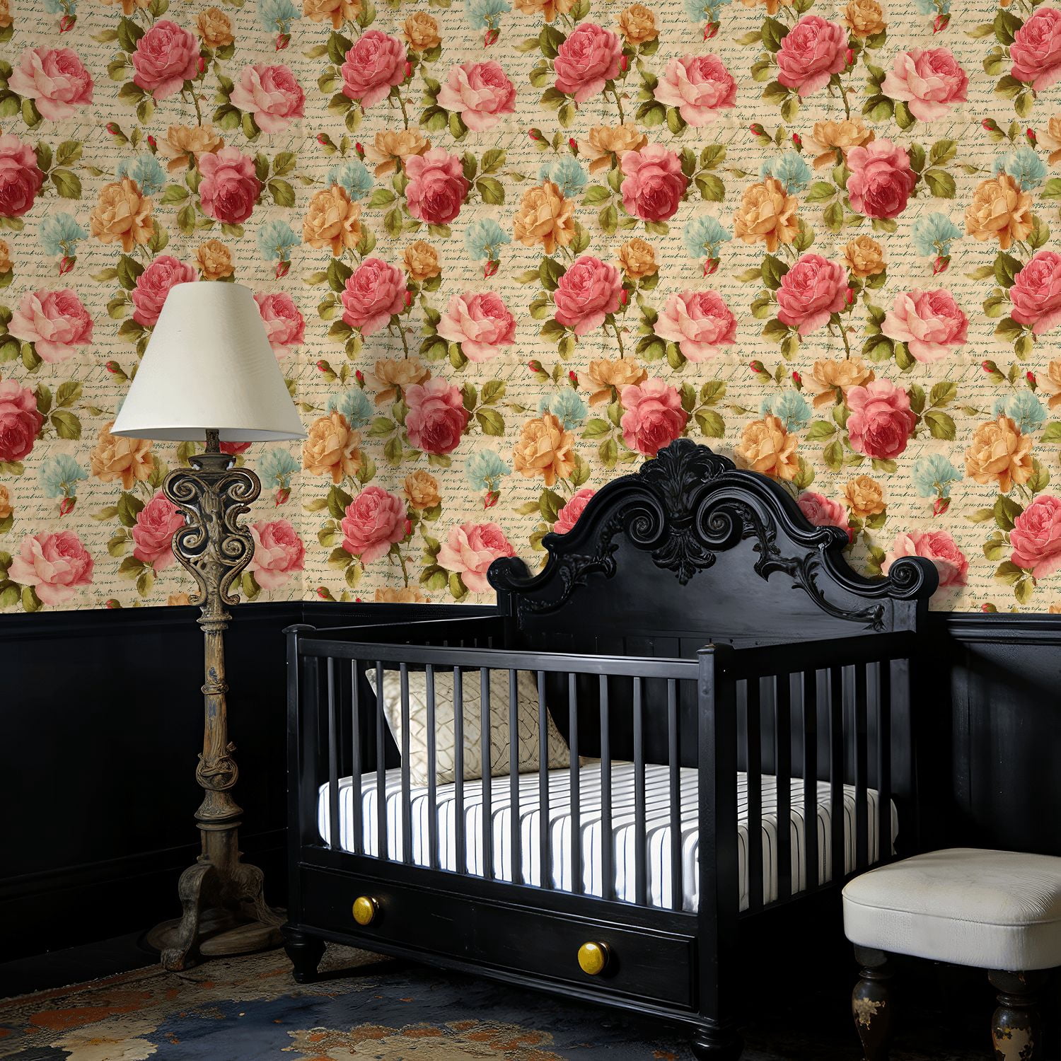 Boho Peel and Stick Wallpaper Vintage Floral Rose Handwritten Script Wall Mural 23.6in x 9.8ft Self Adhesive Removable Wall Paper Renter Friendly Wallpaper for Bedroom Kitchen Farm