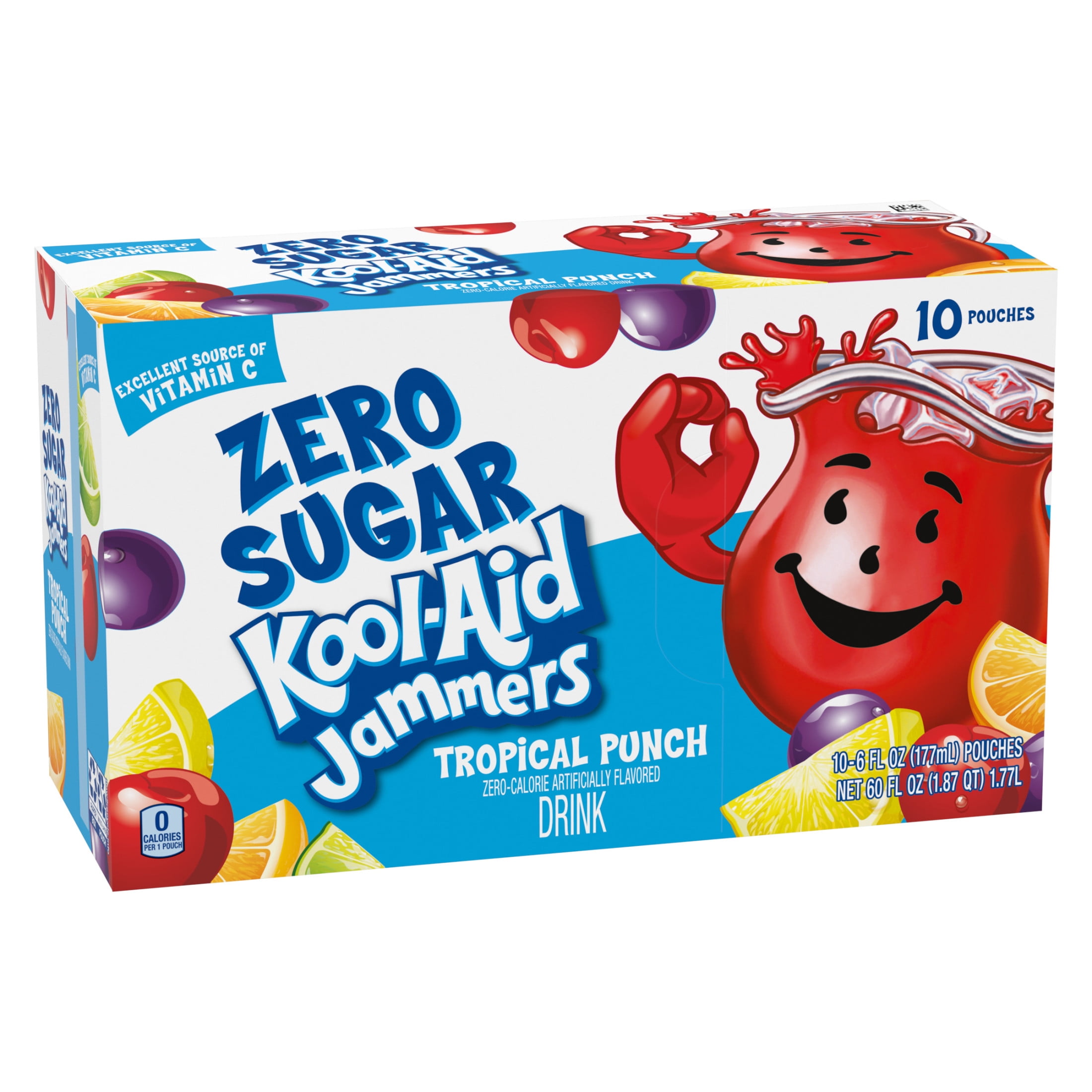 Kool-Aid Zero Sugar Jammers Artificially Flavored Drink, 10 Pouches, for School Lunches and On-the-Go Hydration, Tropical Punch Flavor, Zero Calories, 6 fl oz