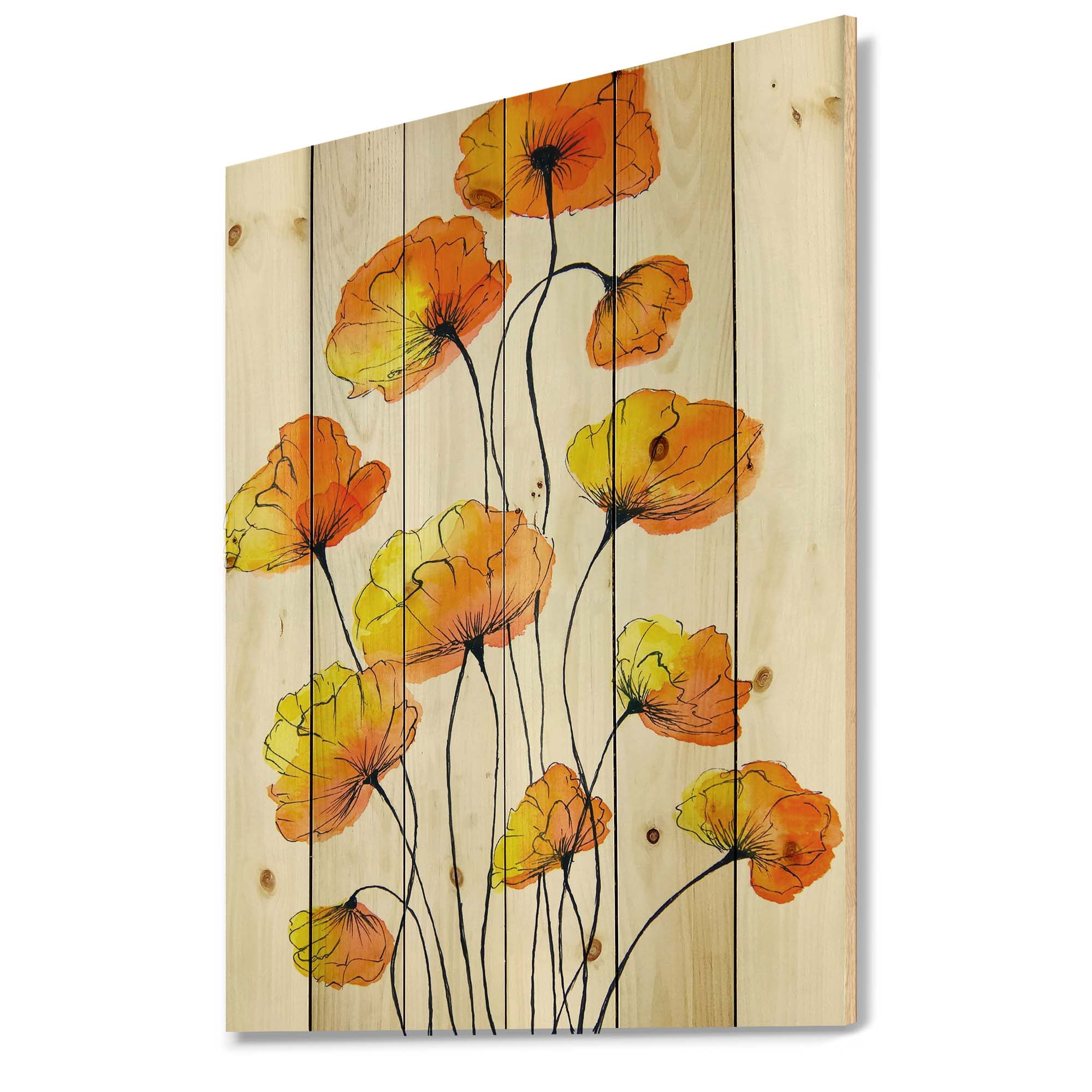 Designart 'Country Yellow Flowers On White' Traditional Print on Natural Pine Wood