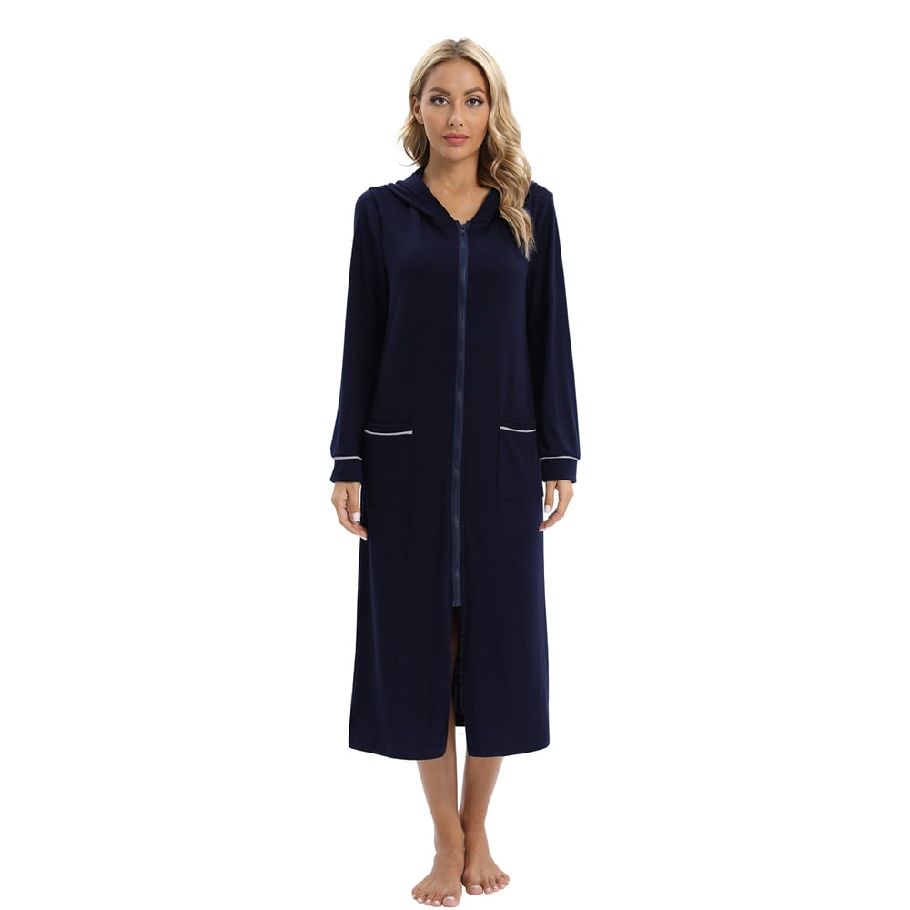 Women Robes Zipper Front Long Sleeve Full Length Housecoat with Pockets
