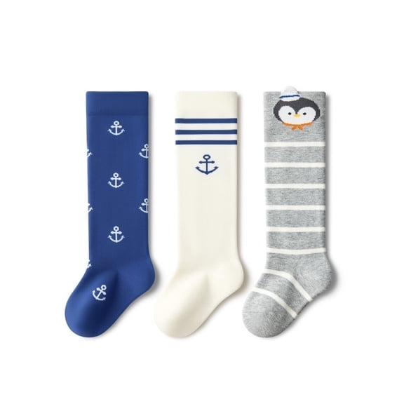 Beibi 3-Pair Pack, Boys' Cartoon Print Striped Over-the-Knee Socks, Suitable for Spring, Autumn, and Winter, Fits Children 0-1 Y
