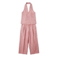 thumbnail image 4 of Karymi Workout Sets for Women 2 Piece Gingham Linen Blend Outfit Set, V Neck Sleeveless Loose Pullover Tank Top+Elastic High Waist Wide Leg Pants with Pockets Cute Tops for Women, 4 of 7