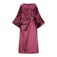 thumbnail image 5 of asdoklhq Womens Dress Pants Women's Fashion Casual Solid Color Elbow Sleeve Round Neck Dress Wine L, 5 of 7