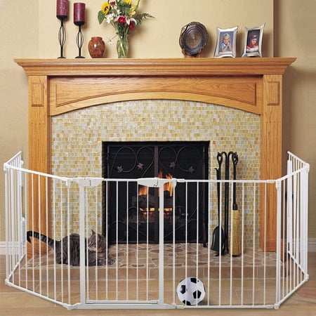 Fireplace Baby Gate 4 in 1 Child Safety Fireplace Playpen 146 Inch 6 Panel Wide Barrier Pet Gate Guard Metal Fence (White)