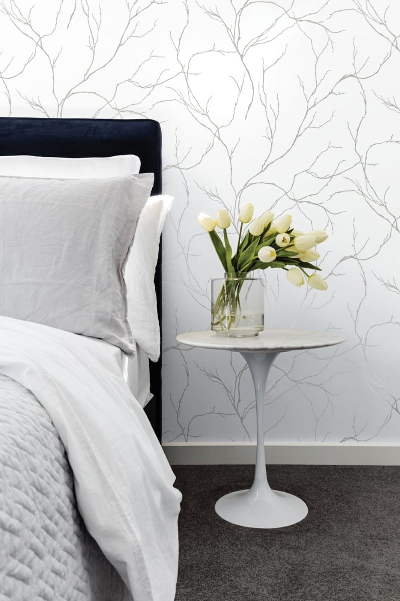 NextWall Metallic Silver Delicate Branches Peel and Stick Wallpaper