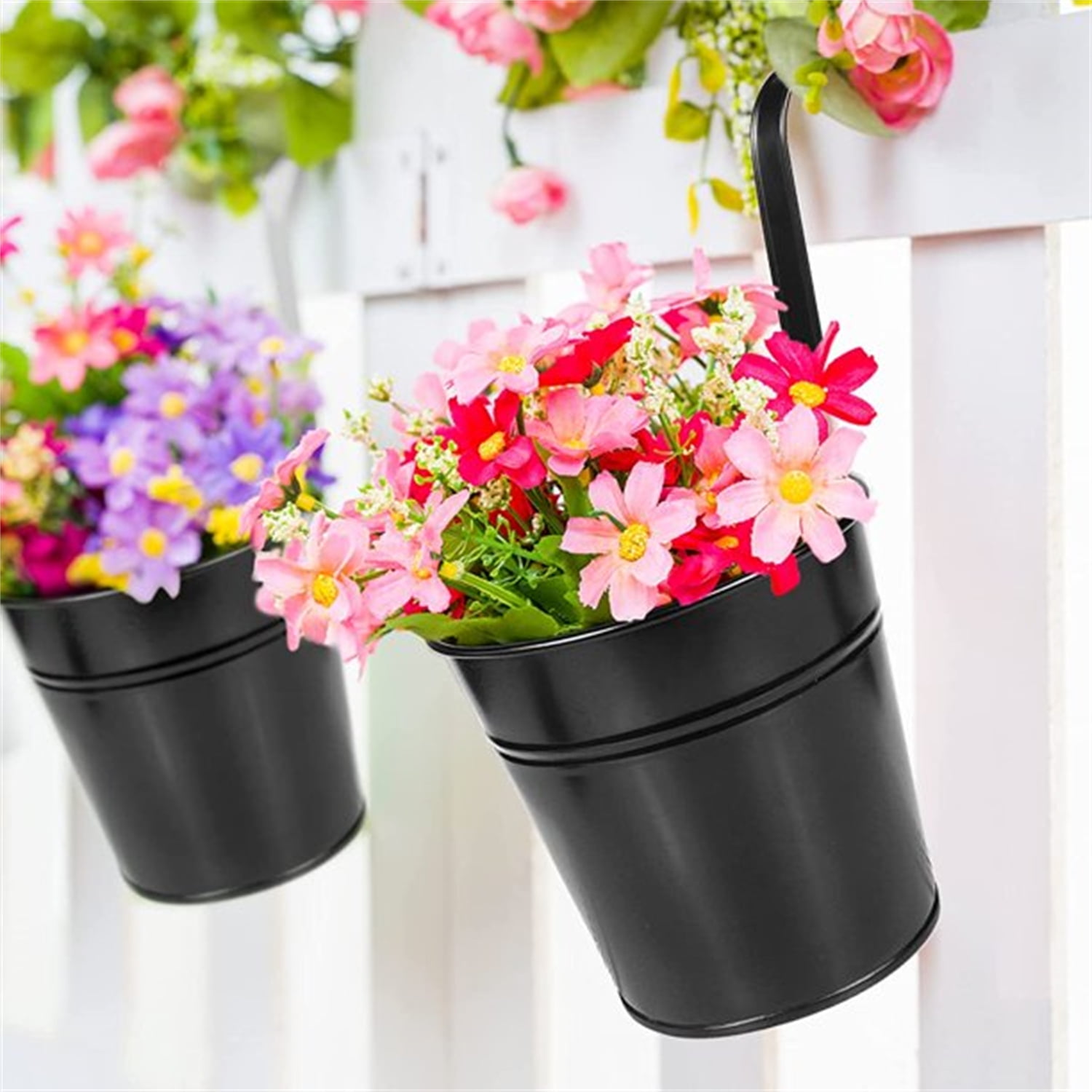 Hanging Flower Pots for Outdoor Indoor,Railing Planter with Removable Hooks,8 Pack Metal Buckets Hanging Plant Pots Wall Fence Home Decor,Drainage Holes -5''Diameter (Black)