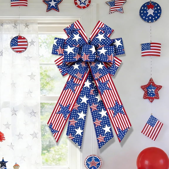 RYDCOT Patriotic Bows for Wreaths Decorations, Red White Blue Stripe String Stars Bow, Independence Day,Memorial Day,Veteran's Day,USA,American Front Door Indoor Outdoor Decor (1Pcs)