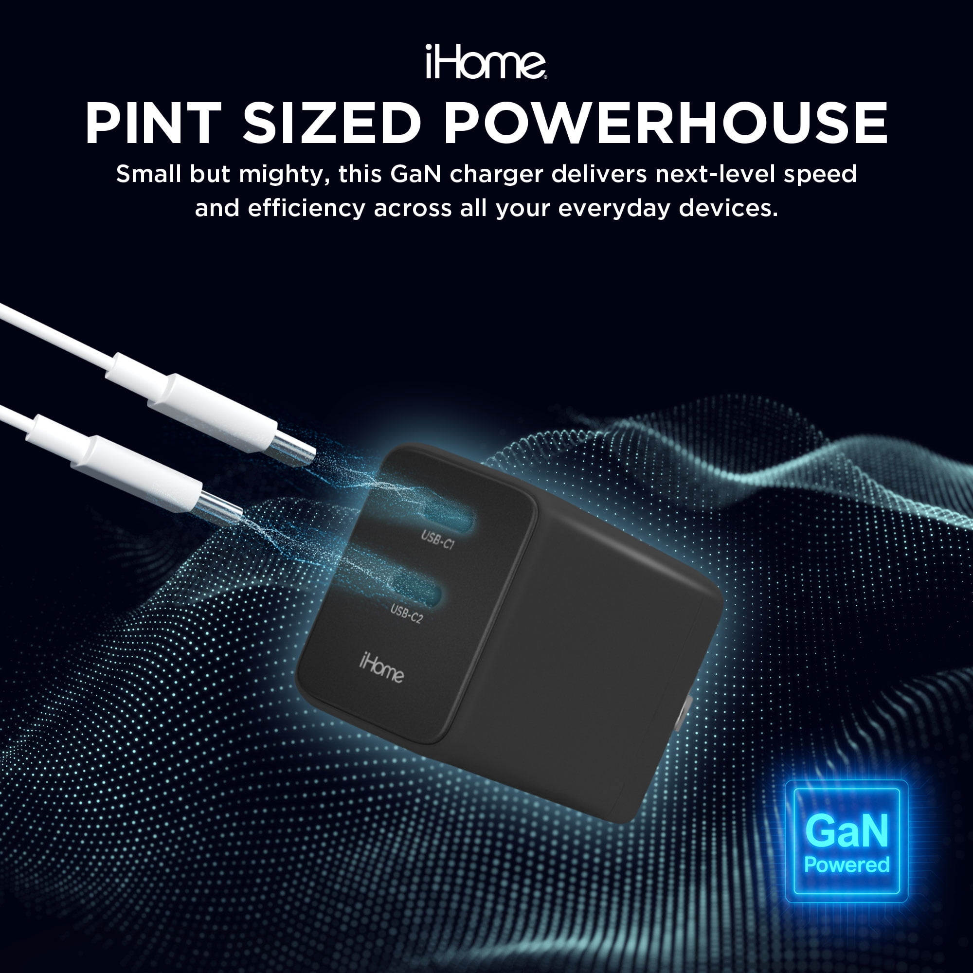 iHome 45W GaN Charger, Dual USB-C Ports, Power Delivery, Fast Charging, Foldable Plug