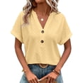thumbnail image 1 of Tops con cuello en V para mujer Manga de murciélago Color puro Moda Casual Transpirable Botón Mangas cortas Tops para la oficina diaria Amarillo 3XL, 1 of 6