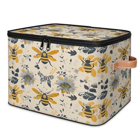 CURLYOOT Vintage Bee Fabric Storage Bins with Lids Wild Flower Floral Foldable Storage Boxes Washable Storage Cube Closet Bedroom Home Organizer Containers with PU Leather Handles