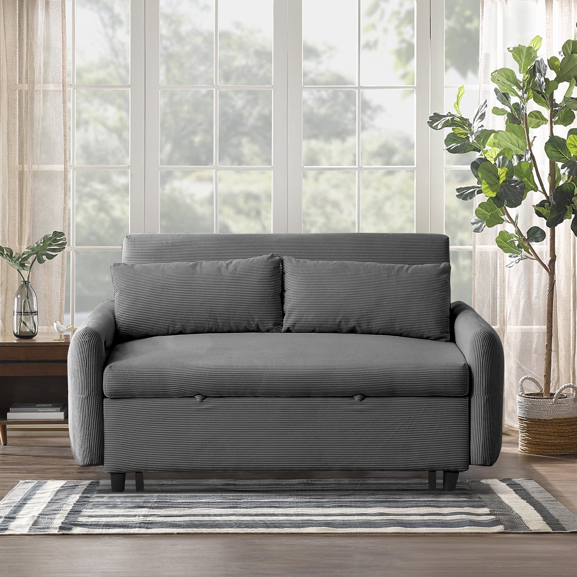 Aukfa 57.48" Sleeper Sofa Bed, Modern Convertible Loveseat Sofa Couch with USB Ports, Dark Gray