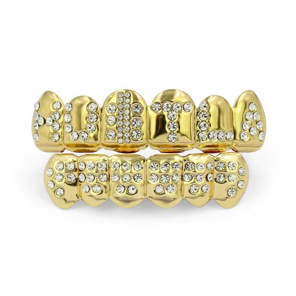TOPGRILLZ 18K Gold Plated Hip Hop Iced Out Hustla Top and Bottom Teeth Grills for Your Teeth