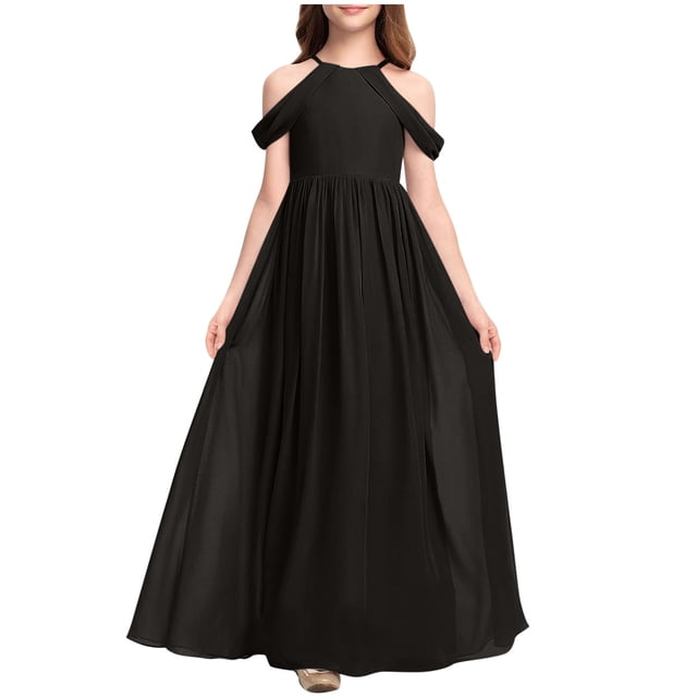 Yanlir Robe Longue Maxi de Performance pour Fille, Couleur Unie, Respirante, Robes Trapèze pour Enfants, Robe Élégante Décontractée pour les Vacances, Robe Évasée Style Princesse (Noir, 10-11 Ans)