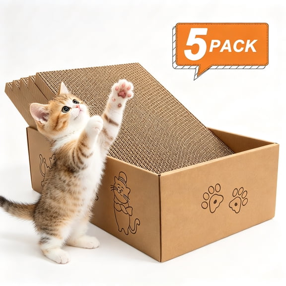 5 Pack Cat Scratching Pad with Storage Box, Reversible Corrugated Cardboard Cat Scratcher, Cat Scratch Cardboard, Thick Cat Scratch Pads for Indoor Cats, Protect Furniture