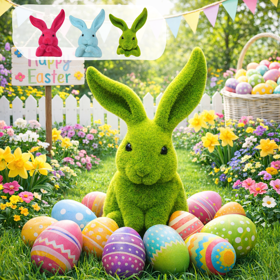 JeashCHAT Easter Bunny Decoration, Flocked Bunny Figurine, Spring Table Centerpiece for Easter Home Decor, Indoor Outdoor Garden Rabbit Sculpture Ornament, 6.5x4.92x3.15 Inches, Green