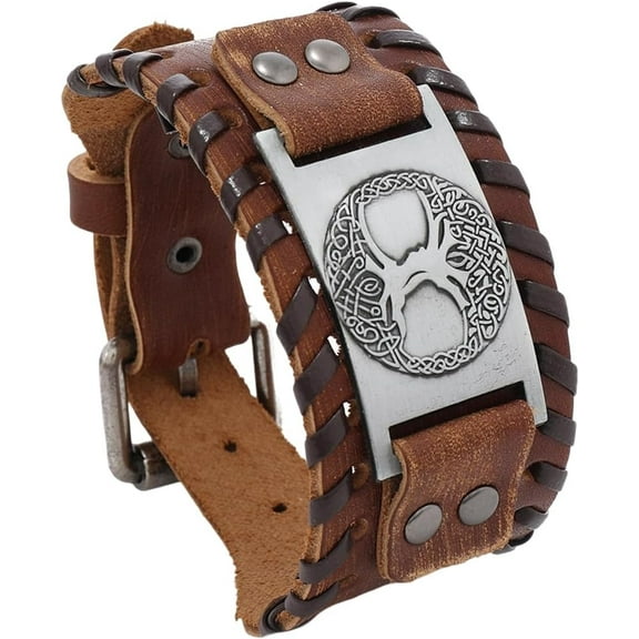 Genuine Leather Cuff Bracelet Tree of Life Gothic Brown Cowhide Leather Wrap Wristband Adjustable Punk Nordic Dara Celtic Knot Bangle with Yggdrasil Amulet for Men Women
