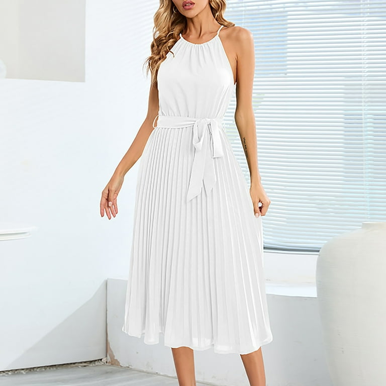 Clearance-Sale Summer Dresses for Women 2023 Sleeveless Solid Color Dress  Round Neck Midi Fit And Flare Y2K Fashion Elegant Party Club Beach Seaside  Homecoming A-Line Swing Hem Pleated Dress with Belt 