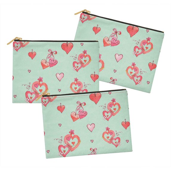 S4Sassy Green Floral & Heart Multipurpose Cosmetic Pouch Pencil Case Make Up Bag Pack of 3-6 x 8 Inches