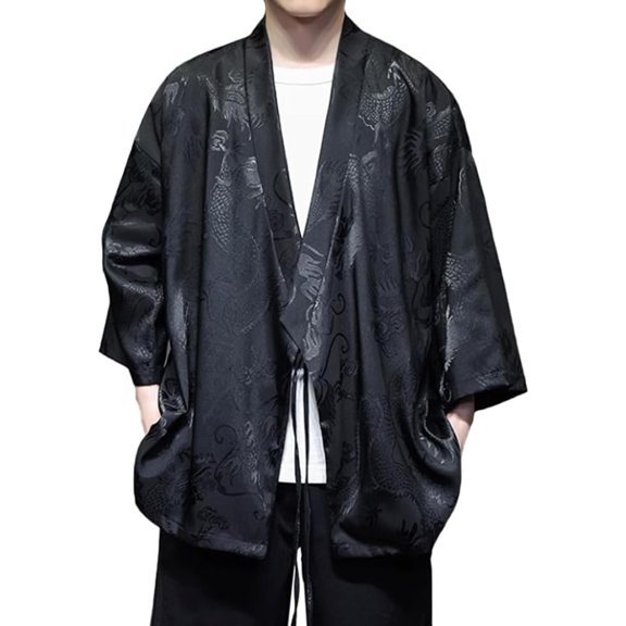 HZCX FASHION Mens Hanfu dragon jacquard cool shirts 3/4 quarter sleeve summer top(Black,M)
