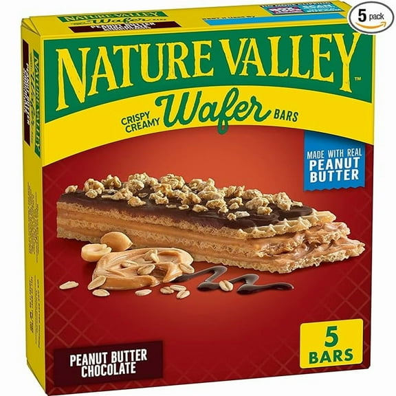 Nature Valley Crispy Creamy Wafer Bars, Peanut Butter Chocolate, 4g Protein, 5 Bars, 6.5 oz