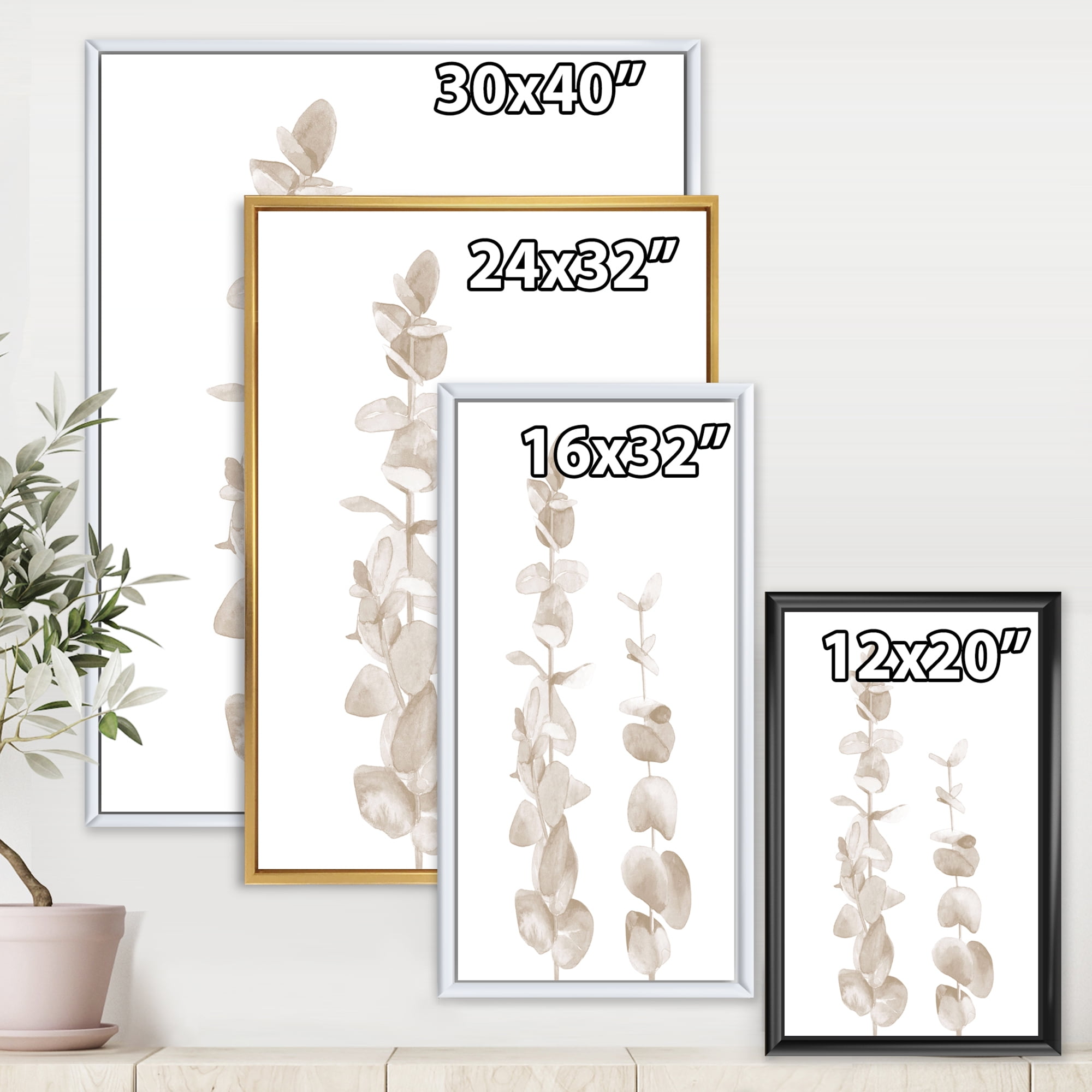 Designart 'Grey Eucalyptus Branches On White' Traditional Framed Canvas Wall Art Print