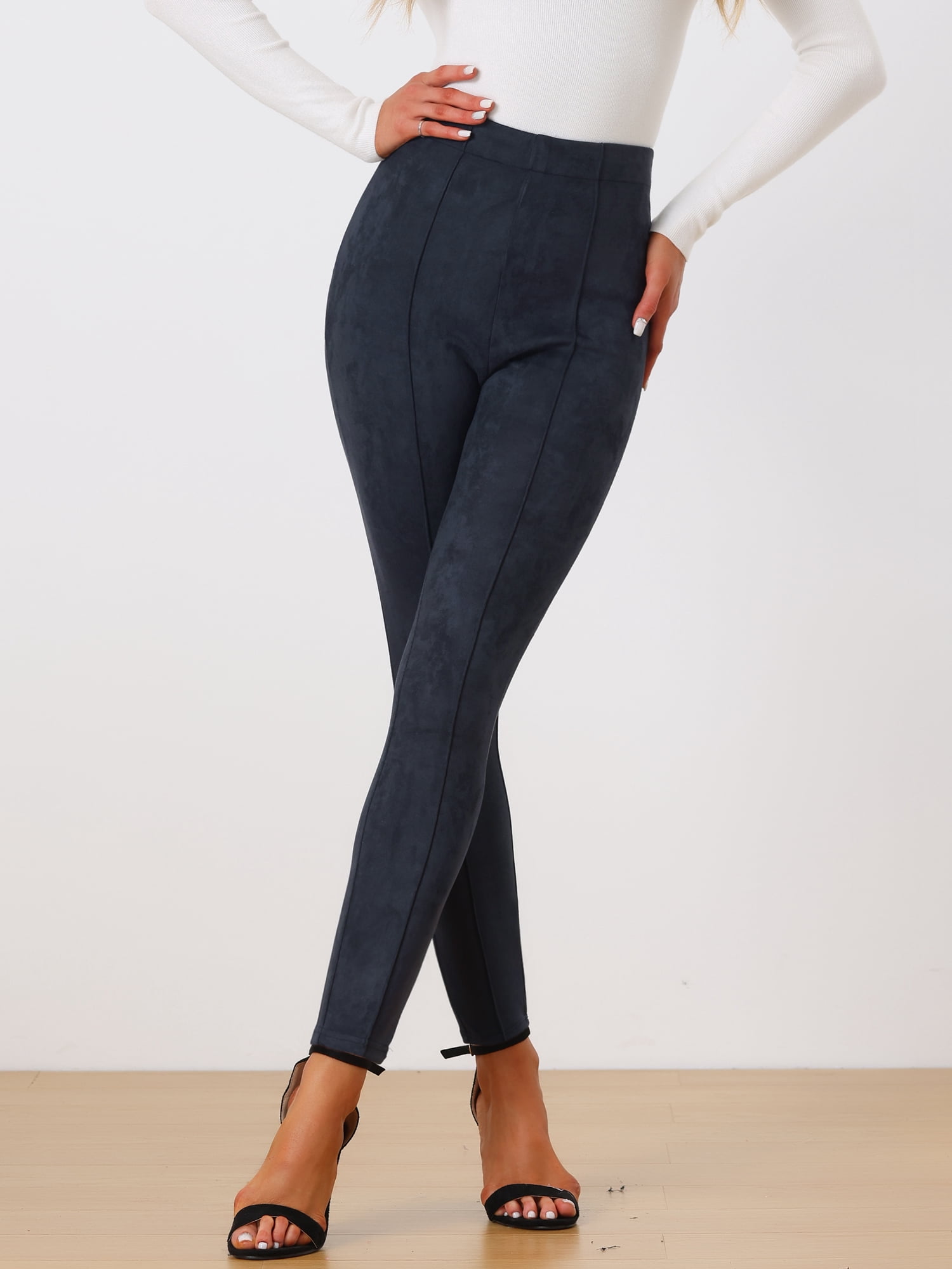 Unique Bargains Womens' Velvet Elastic Waist Side Zipper Narrow Leg Skinny Casual Pants M Navy Blue