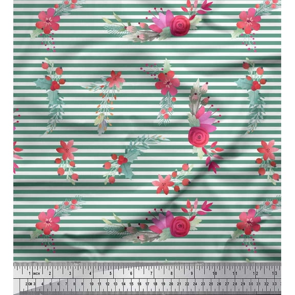 Soimoi Green Cotton Voile Fabric Red Berries & Floral Stripe Print Fabric by Yard 42 Inch Wide