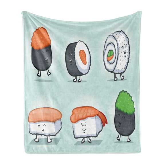 Wasabi Soft Flannel Fleece Throw Blanket, Funny Cartoon of Happy Sushi Characters Japanese Traditional Cuisine, Cozy Plush for Indoor and Outdoor Use, 60" x 80", Multicolor, by Ambesonne
