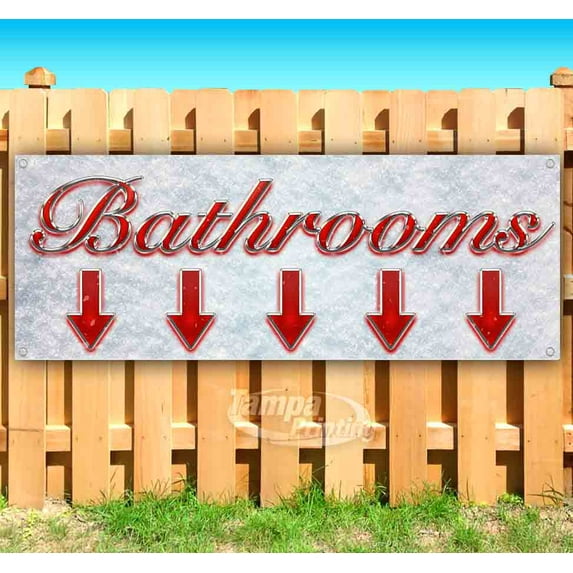 Bathrooms Down Arrow Red & Chrome 13 oz Vinyl Banner With Metal Grommets