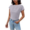 thumbnail image 2 of Women Short Sleeve Tops Women's Blouses Women's Solid Color Blouses Short Sleeved Round Neck Pullover Fashionable Top Gray M, 2 of 8
