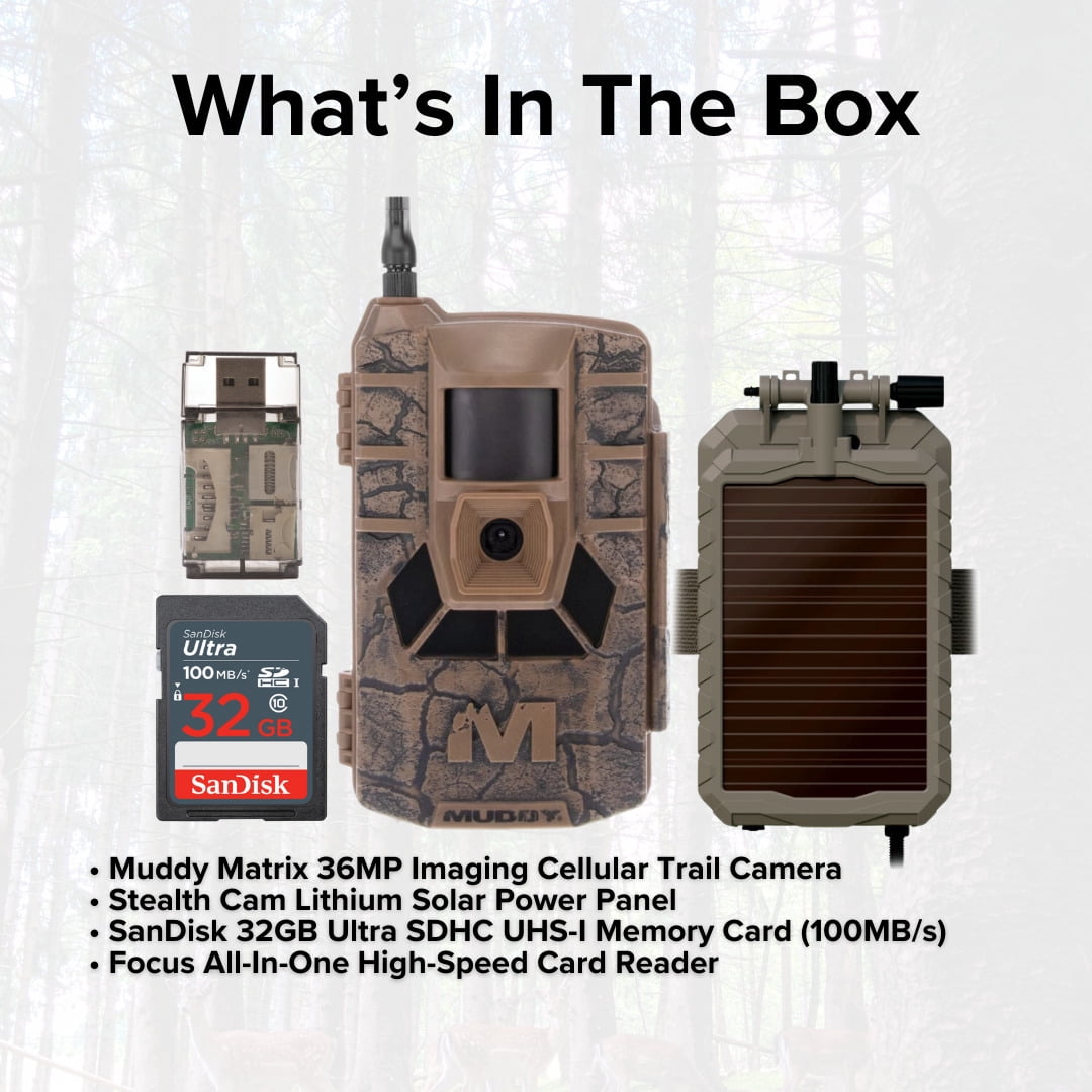Muddy Matrix 36MP Imaging Cellular Trail Camera with On Demand Photo Bundle with Lithium-Ion Solar Battery, 32GB Ultra SDHC UHS-I Memory Card, and Card Reader (4 Items)