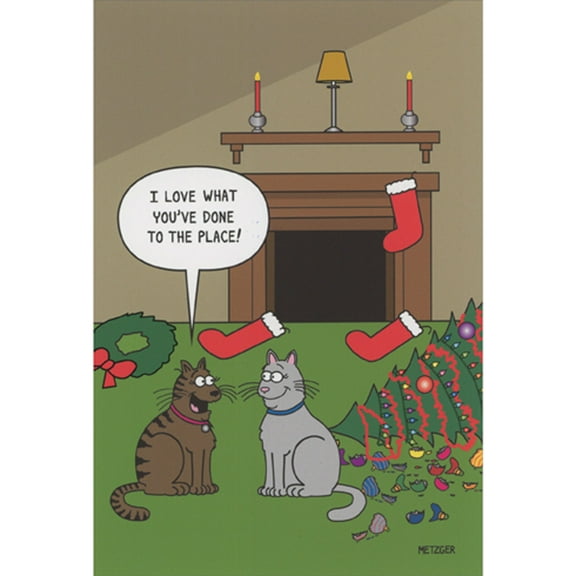 Nobleworks Cats Near Fallen Tree and Broken Ornaments: Love What You've Done Box of 12 Humorous / Funny Christmas Cards