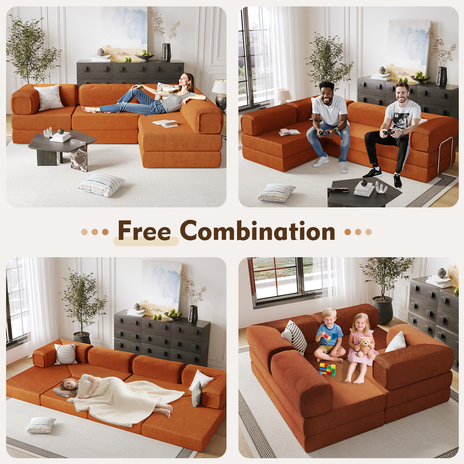 MEISSALIVVE 108" L-Shaped Modular Sectional Sofa with Chaise, Cloud Deep Seat Couch with Removable Pillows, No Assembly Required for Living Room & Bedroom (Brick Red)
