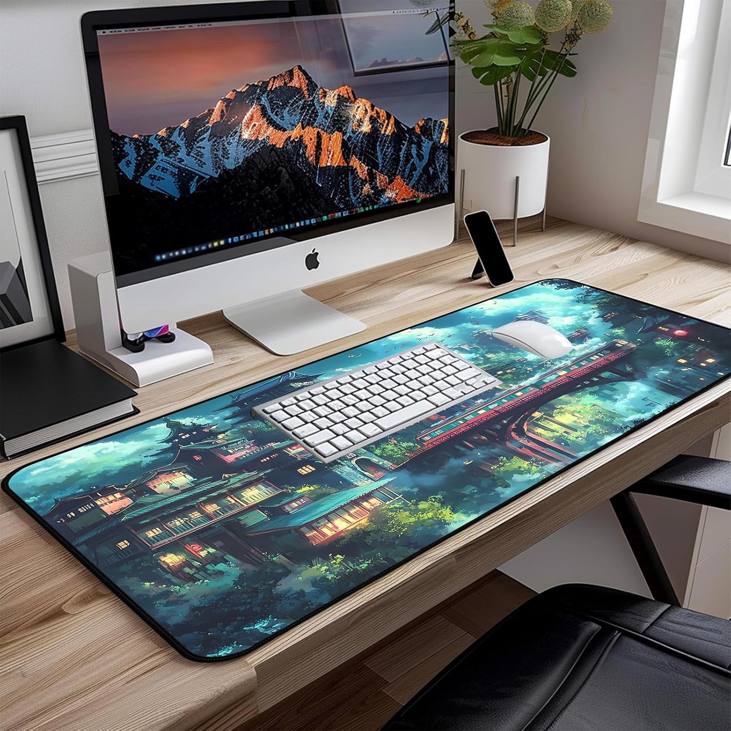 Japanese Anime Desk Mat, Green Forest Mouse Mat XXL, Game Desk Pad, Fantasy Architecture Computer Keyboard Mat, Wireless Mousepad Large,Natural Landscape Home Office Desktop Decor 31.5"X15.7"