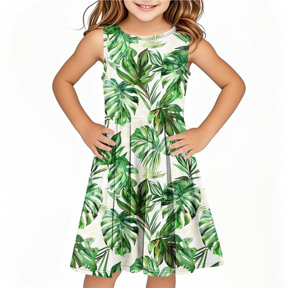 IFNWSV Pretty Dresses for Girls Sleeveless Round Neck Print Pattern Cotton Blend Dress Knee Length for 6-14 Years