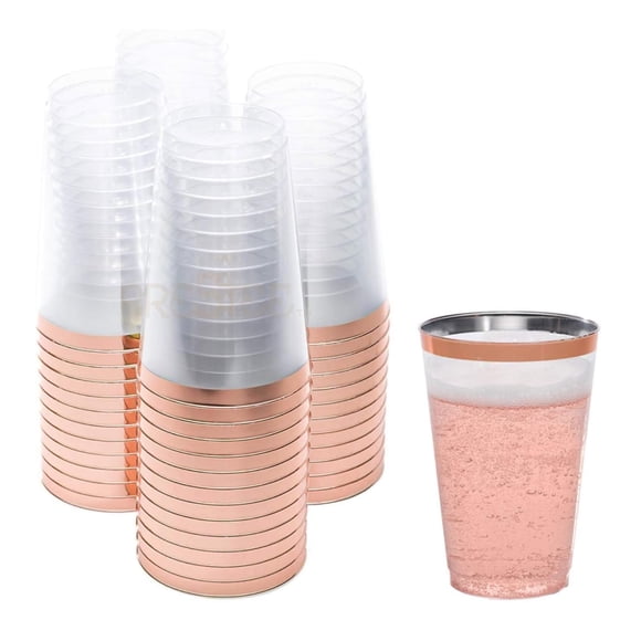 Rose Gold Plastic Cups - 14 oz, 50 Pack - Clear Disposable Party Tumblers with Rose Gold Rim - Elegant Wedding Drinkware - Bulk Plastic Cup