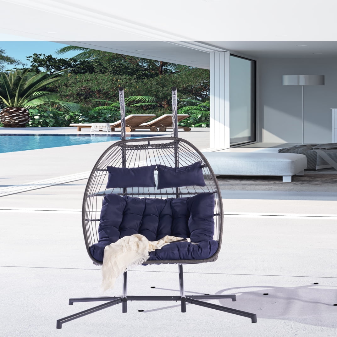 Double Egg Chair, 2 Person Egg Chair with Stand and Thick Cushion, Hanging Rattan Nest Loveseat