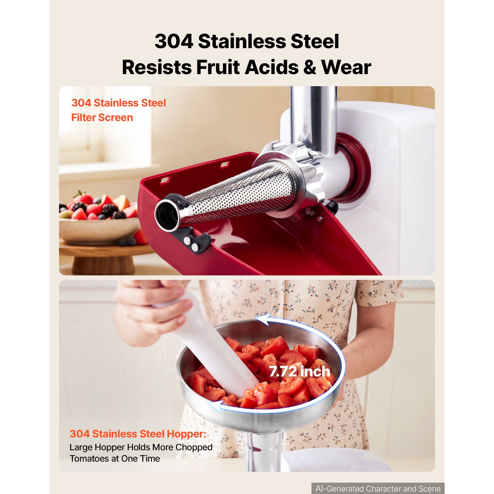 KFFKFF Electric Tomato Strainer 800W Max Sauce Maker, Processes 88 lbs/H for Purees, Strawberry, Salsa, Stainless Steel Tomato Food Mill Press Machine with 1mm, 1.5mm, 3mm & 6mm Screens, White