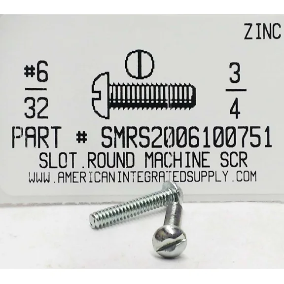 #6-32X3/4 Round Head Slotted Machine Screws Steel Zinc Plated (100)