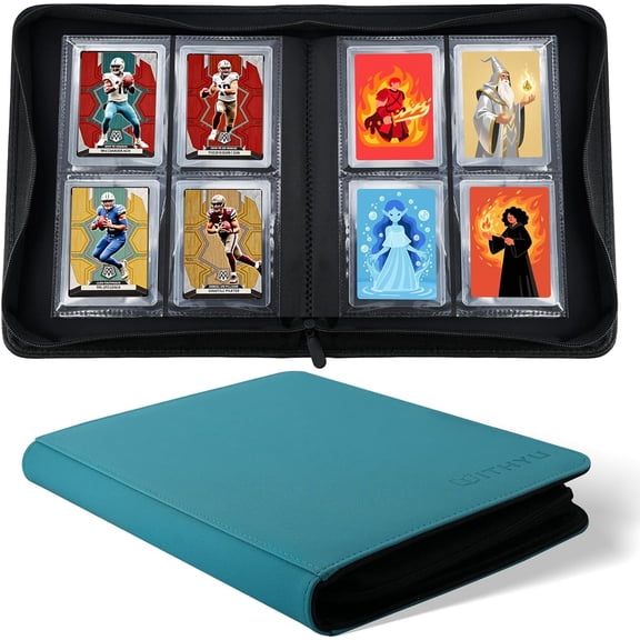 Top Loader Binder 4 Pocket for 3"x4" Rigid Cards, 128 Pockets Collectible Card Album with Ringless Design, Trading Card Binder for TCG, MTG, Sports Cards (Aqua Blue)