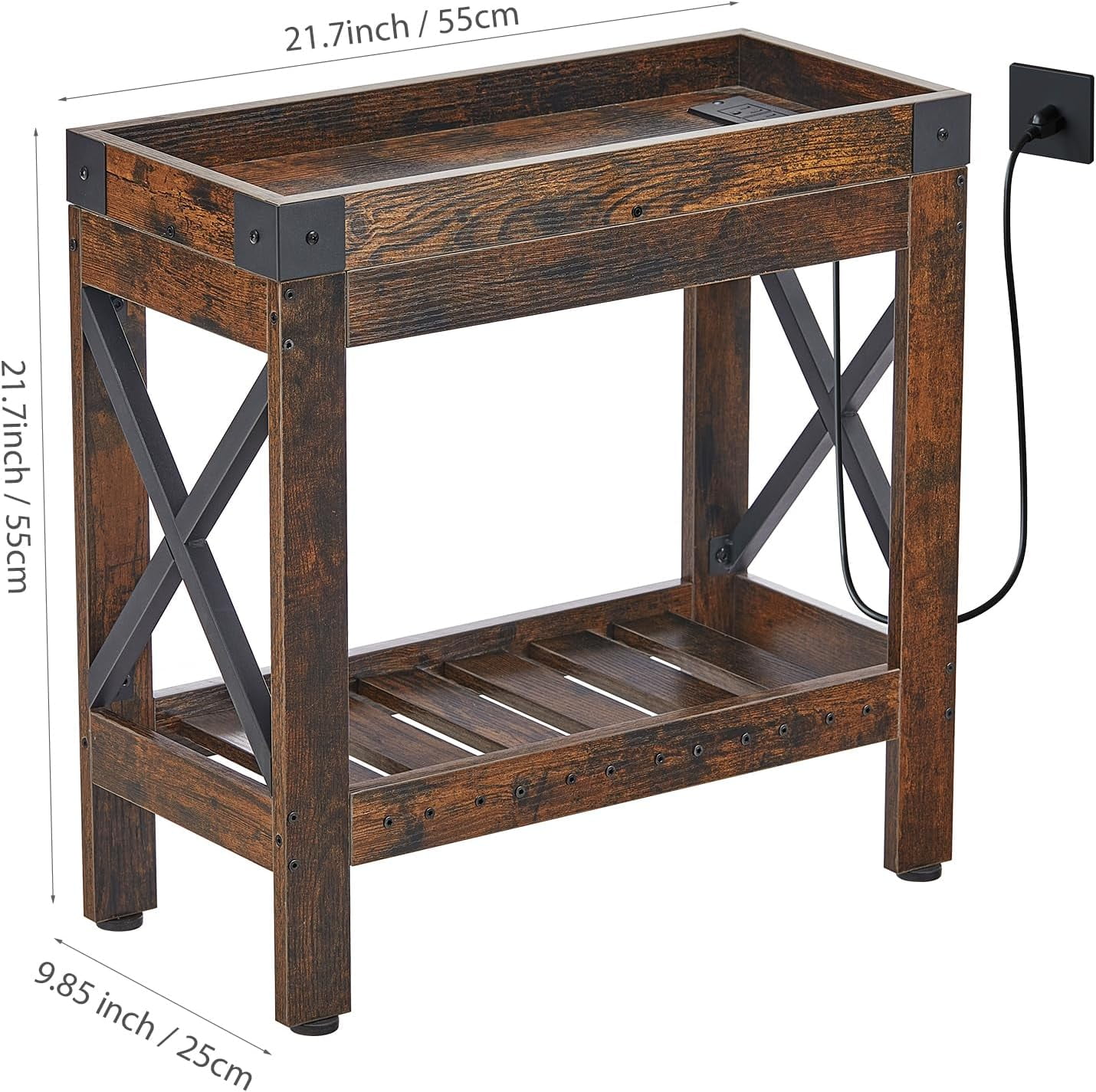 ZEXVIDA Narrow Side Table, End Table,Sofa Side Table, End Table Nightstand for Bedroom, Living Room, Small Spaces with 2 USB and 2 Power Outlets(with Outlets, Rustic Brown)