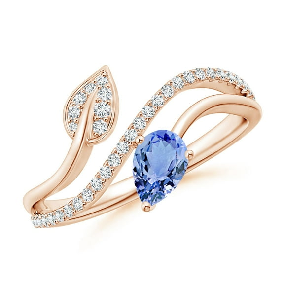 ANGARA Natural Tanzanite and Diamond Bypass Ring with Leaf Motif in 14K Rose Gold for Women (Size-6x4mm) | December Birthstone, Birthday, Anniversary, Jewelry Gift for Women | Natural Tanzanite Ring