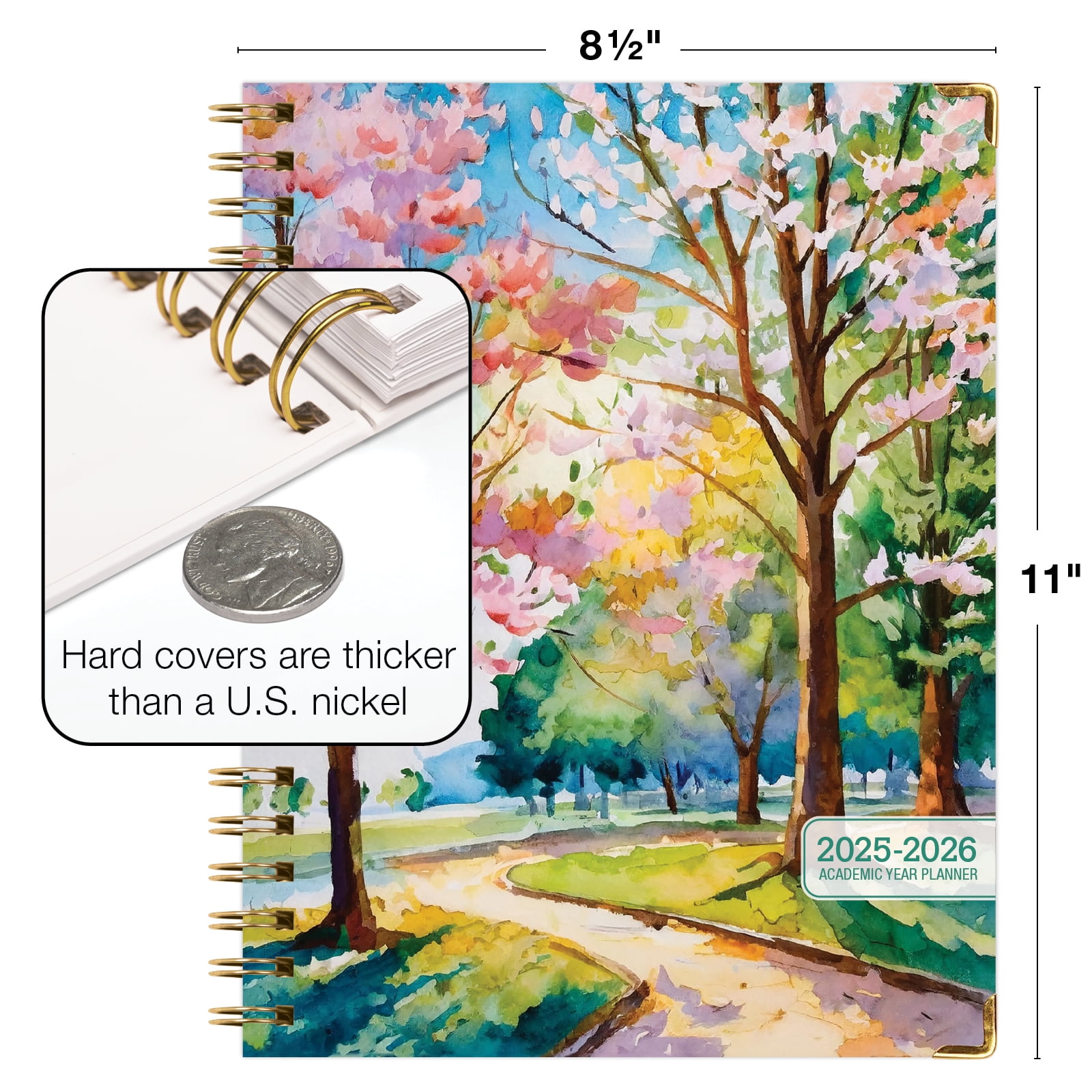 Academic Year 2025-2026 Planner, June 2025 - July 2026, 8.5"x11" Daily Weekly Monthly Planner Yearly Agenda, Hardcover, Bookmark, Pocket Folder and Sticky Note Set (Summer Bliss) (Watercolor Tree)