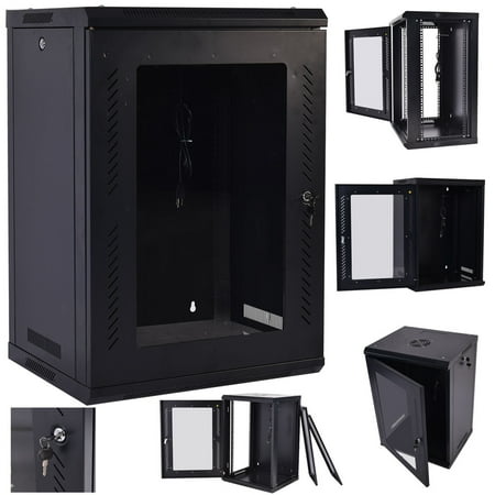Costway 18U Wall Mount Network Server Data Cabinet Enclosure Rack Glass Door Lock w/ Fan