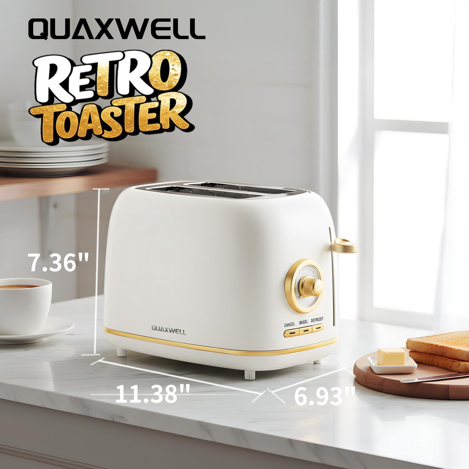 2-Slice Toaster Wide Slots 7 Bread Shade Settings Stainless Steel Bagel Cancel and Defrost Functions Removable Crumb Tray Retro Style Toaster Matte White Gold